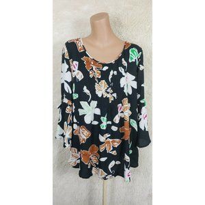 Cirana Women's Size Large Crinkle Rayon Top Crochet Bell Sleeve Black Floral L